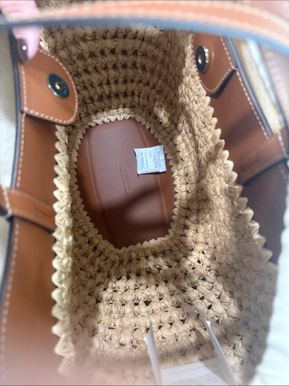 NWT Polène Cyme Cream Woven Tote with Brown Leather Trim - Picture 6 of 9